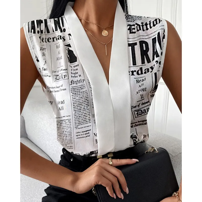 Printed Sleeveless Shirt Top For Women - Newspaper