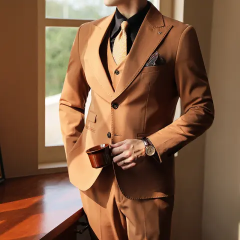 High-end Wedding Bridegroom Suit Closure Collar Three-piece Men Caramel