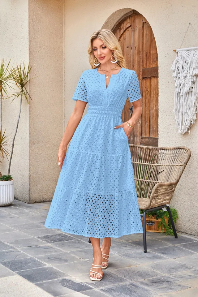 V neck Hollow Pleated Short Sleeves Long Dress Light Blue - Shop at LoveMi