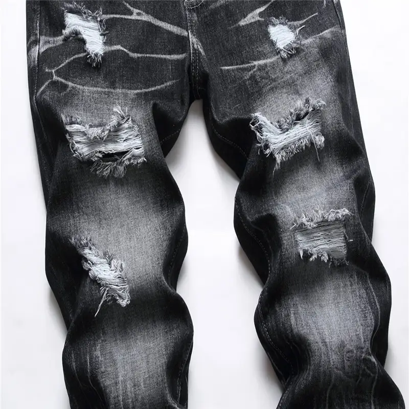 Jeans Men's Street Cool Decorative Flower Ripped Straight Four Seasons