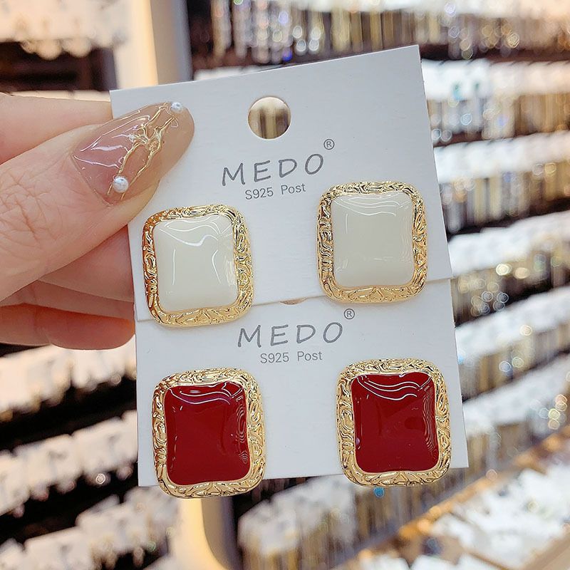 Geometric Metal Drip Glazed Square Stud Earrings