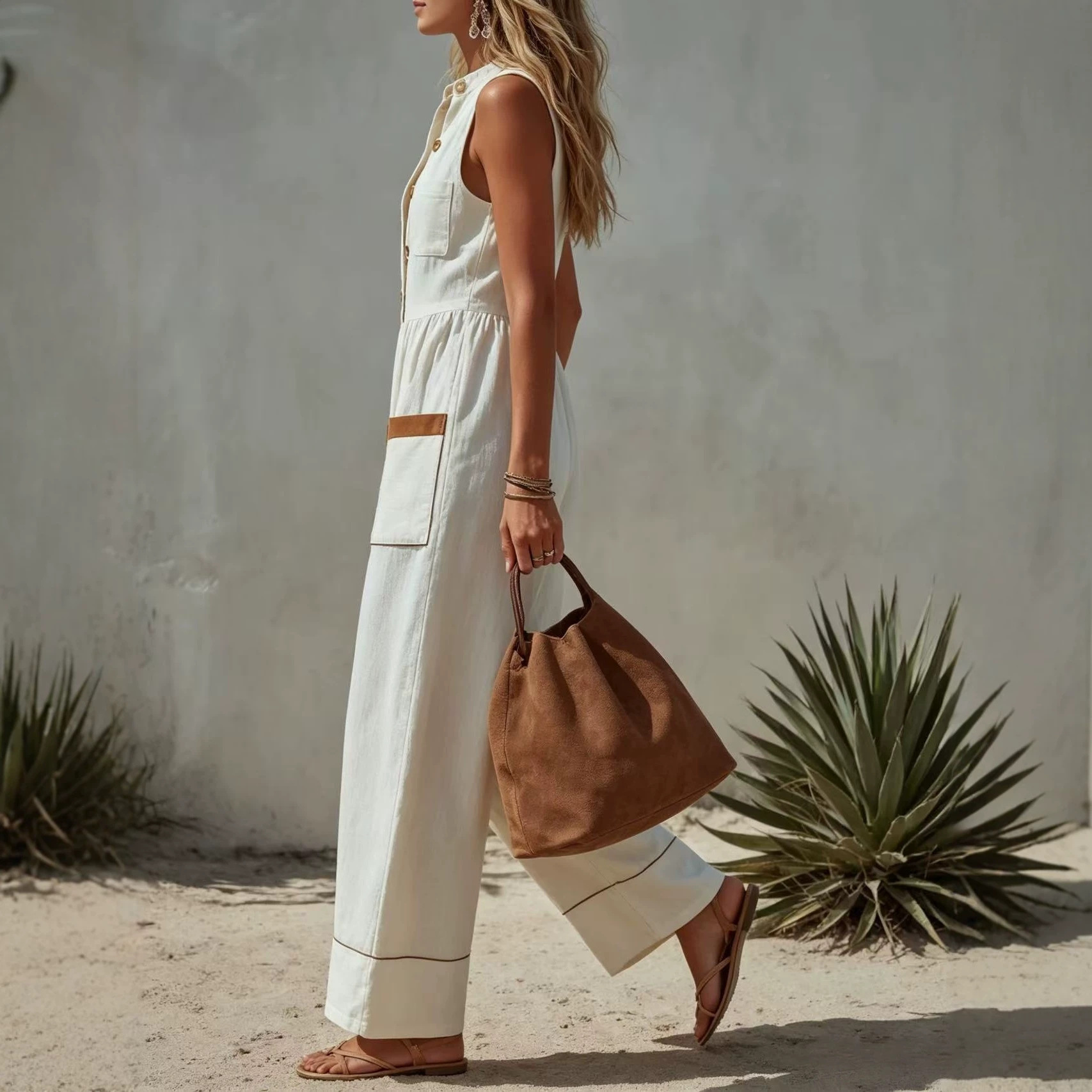 Women's wide-leg jumpsuit in army green – sleeveless casual cotton linen