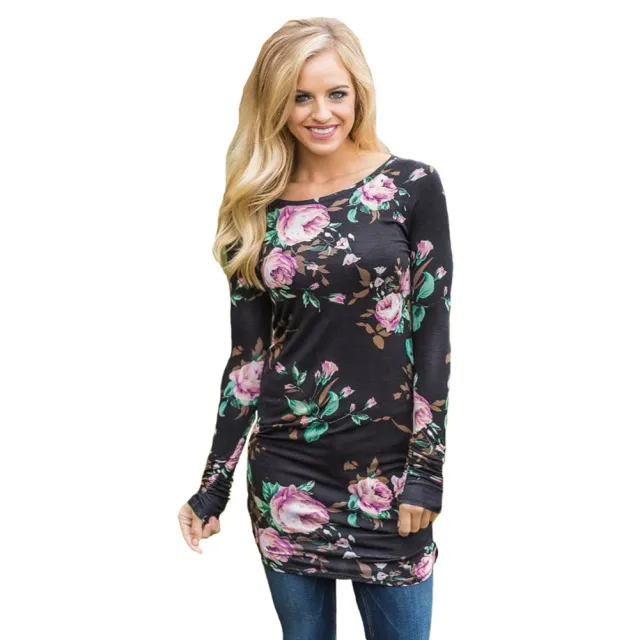 Women's Long sleeved Printed Slim fit Mid length T shirt Top Black - Shop at LoveMi