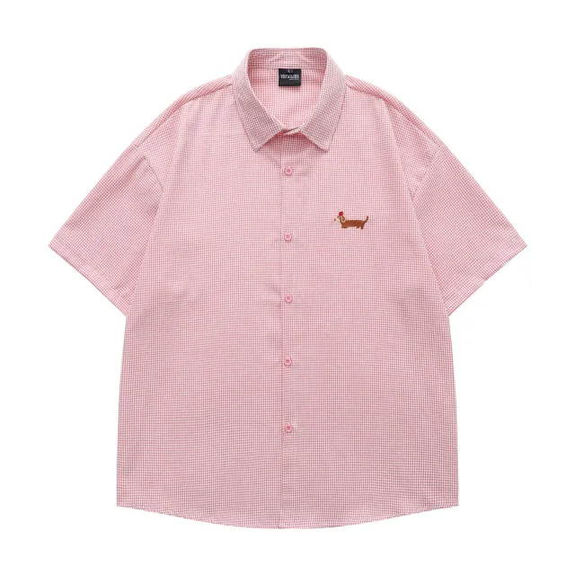 American Retro Dachshund Funny Embroidery Short Sleeve Plaid Shirt Red - Shop at LoveMi