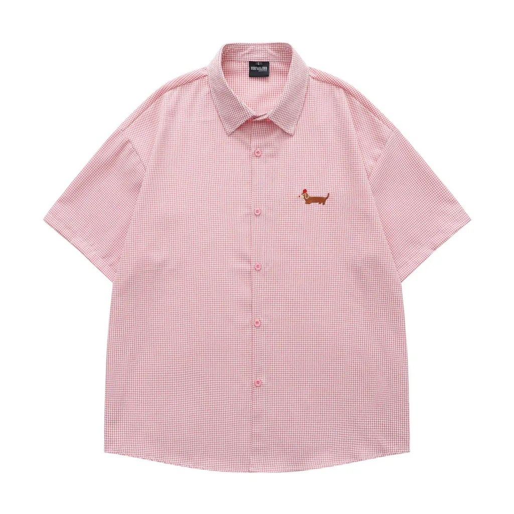 American Retro Dachshund Funny Embroidery Short Sleeve Plaid Shirt - Red