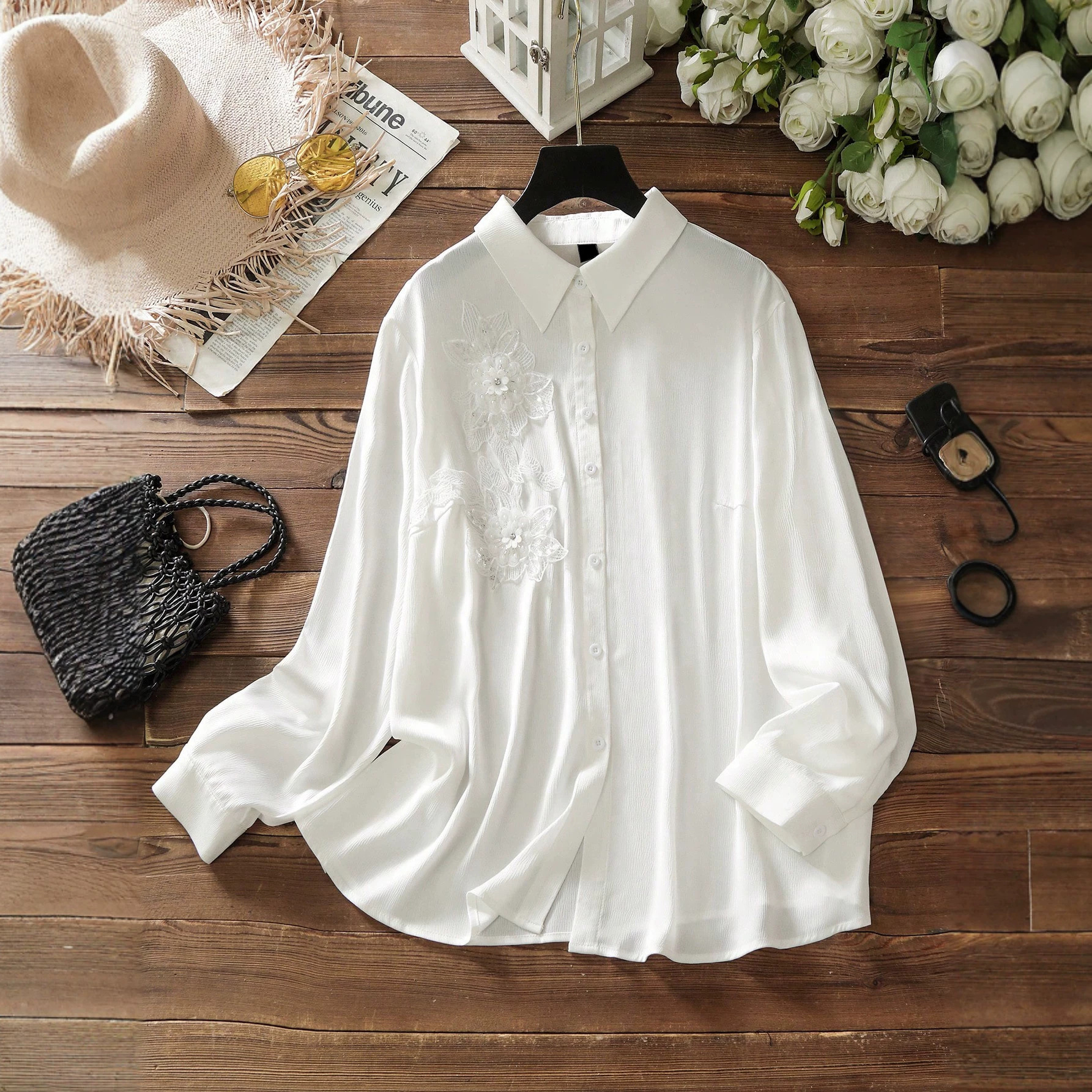 Heavy-embroidered French-style White Womens Blouse — image 1