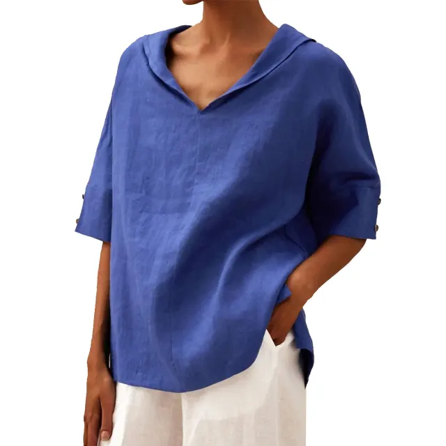 Women's Solid Color Cotton And Linen Loose Shirt Blue - Shop at LoveMi