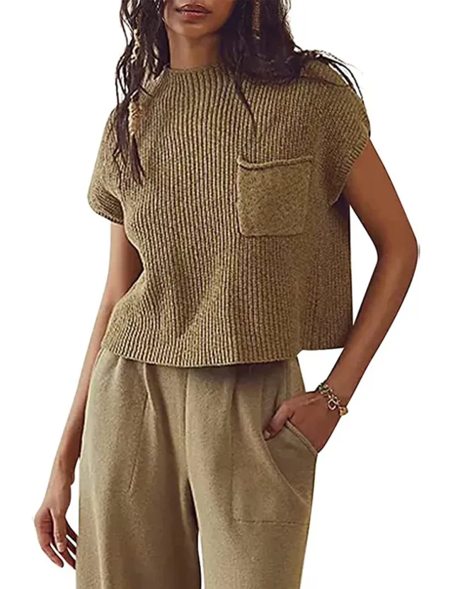 Women's Knitted Sleeveless Pocket Casual Rib Pullover Vest Khaki - Shop at LoveMi