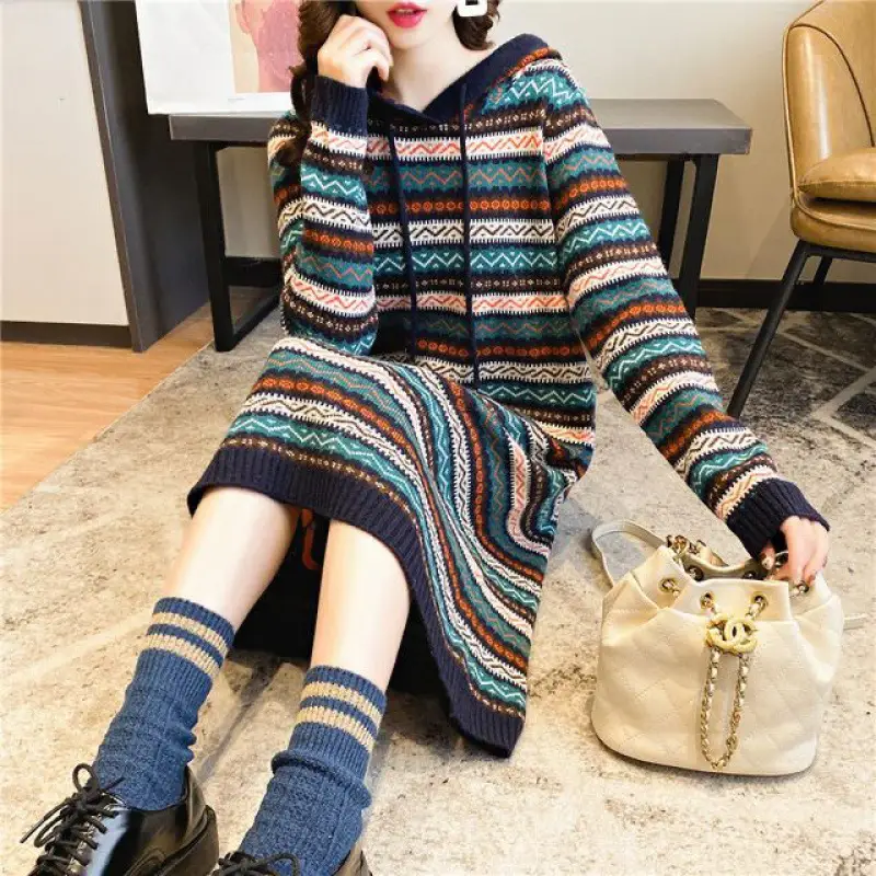 Women's Long Sleeve Hooded Pullover Dress