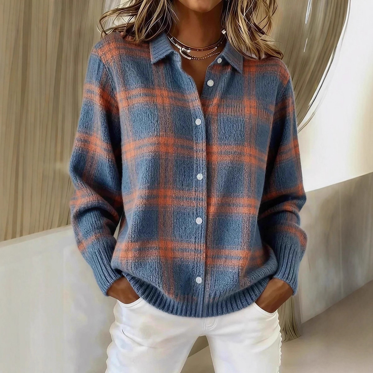 Womens Loose-Fit Plaid Long-Sleeve Lapel Shirt