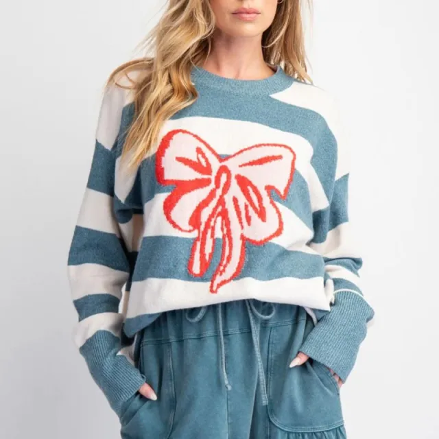 Women's Round Neck Pullover Long Sleeve Bowknot Sweater Striped Colors - Shop at LoveMi
