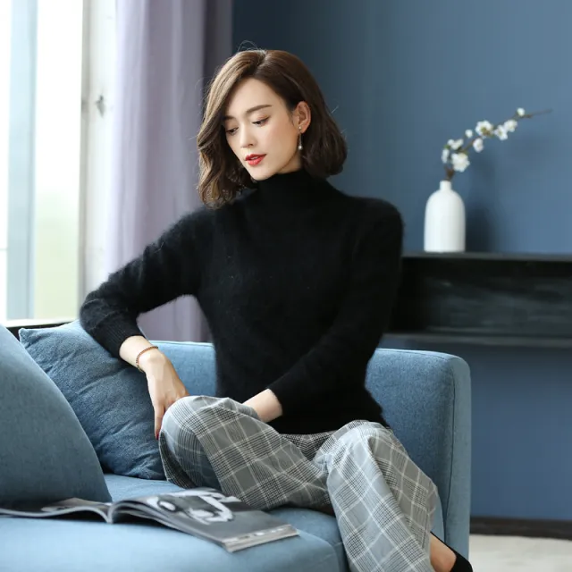 Turtleneck Pullover Short Loose Cashmere Knitted Mink Velvet Bottoming Shirt Sweater Black - Shop at LoveMi