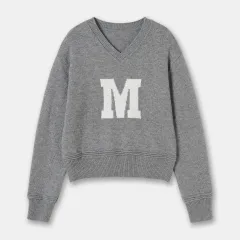 Slimming Laid-back Style V-neck Letter Contrast Color Pullover Knitwear All-match Sweater - Gray - View 1