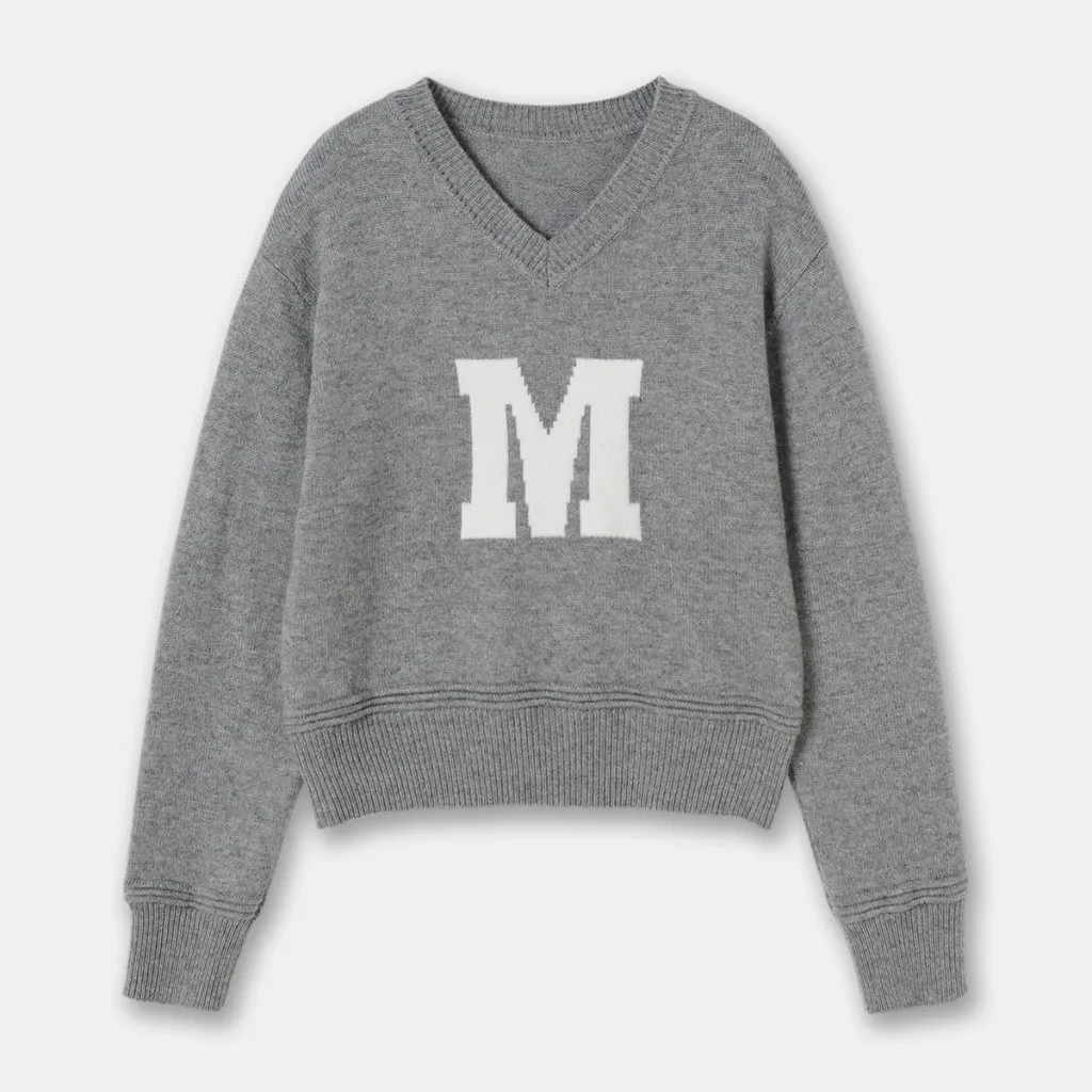 Slimming Laid-back Style V-neck Letter Contrast Colour Pullover Knitwear All-match Sweater - Grey