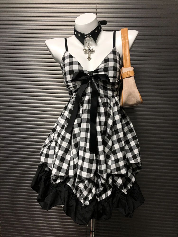 Retro Black And White Slim Fit Slimming Cinched Plaid Splicing Sling Bow Dress White - Shop at LoveMi