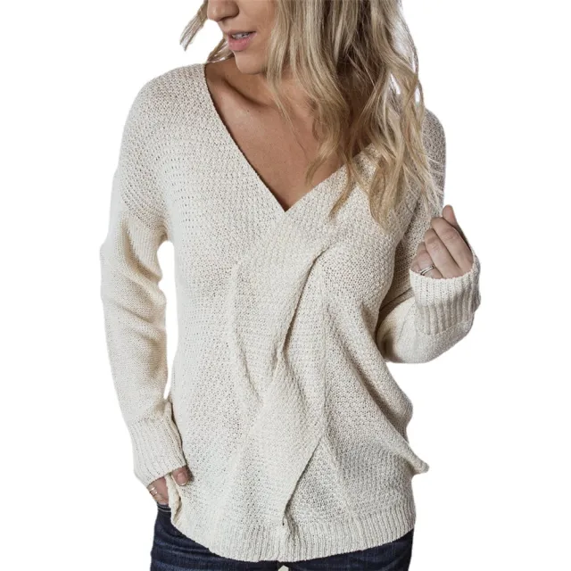 V neck Casual Twist Patchwork Knitting Top Beige - Shop at LoveMi