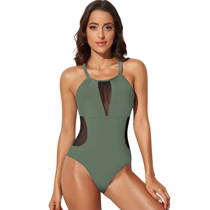 Lace Stitching One-piece Swimsuit For Women Summer - Green