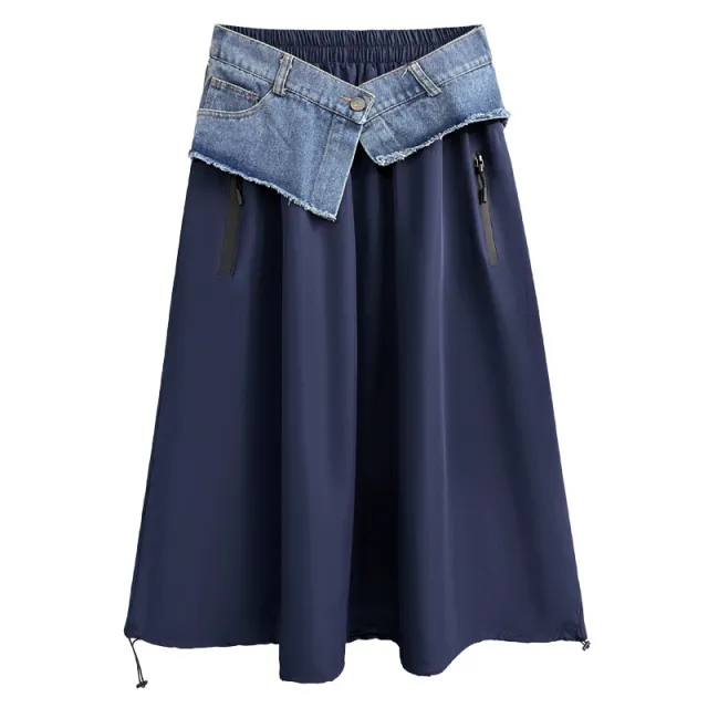 Women's American style Color Contrast Patchwork Denim Skirt Blue - Shop at LoveMi