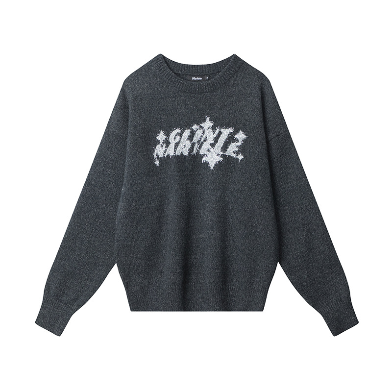 Fashion Letter Embroidery Sweater Round Neck Pullover Loose Sweater Black - Shop at LoveMi