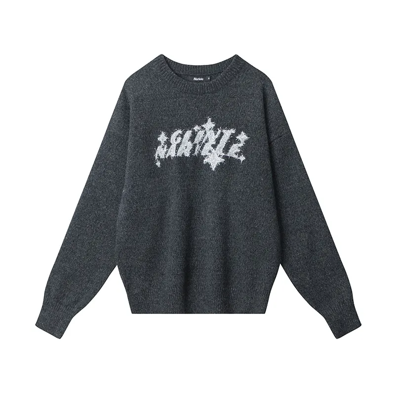 Fashion Letter Embroidery Sweater Round Neck Pullover Loose Sweater - Black