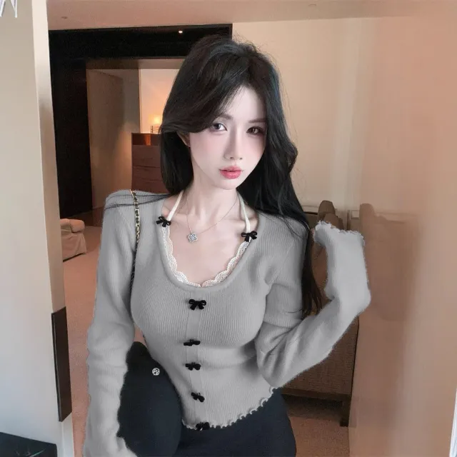 Bowknot Knitted Sweater Women's Autumn And Winter Pure Desire Halter Top Gray - Shop at LoveMi