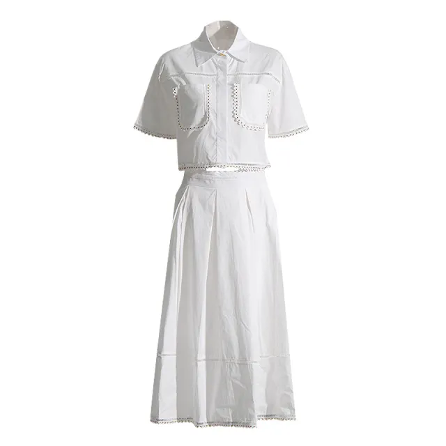 Vintage Lace Embroidery Suit Autumn New Polo Collar Short Sleeve Shirt High Waist Skirt Solid Color White - Shop at LoveMi