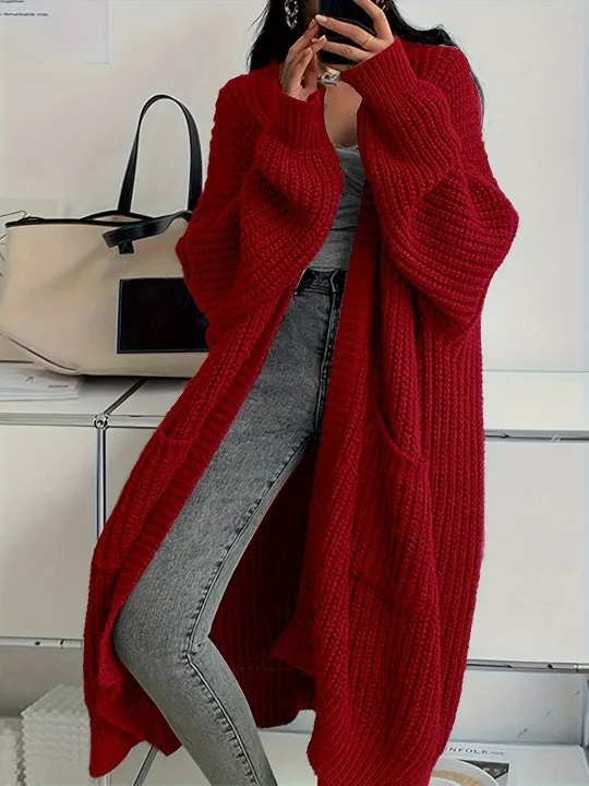 Overknee Sweater Coat Women's Loose Long sleeved Knitted Cardigan Wine Red - Shop at LoveMi