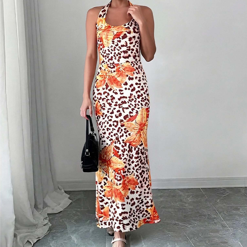 Leopard Print Halter Neck Sleeveless Bodycon Dress Orange - Shop at LoveMi