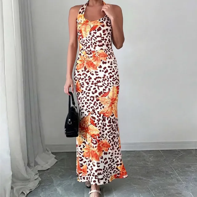 Leopard Print Halter Neck Sleeveless Bodycon Dress Orange - Shop at LoveMi