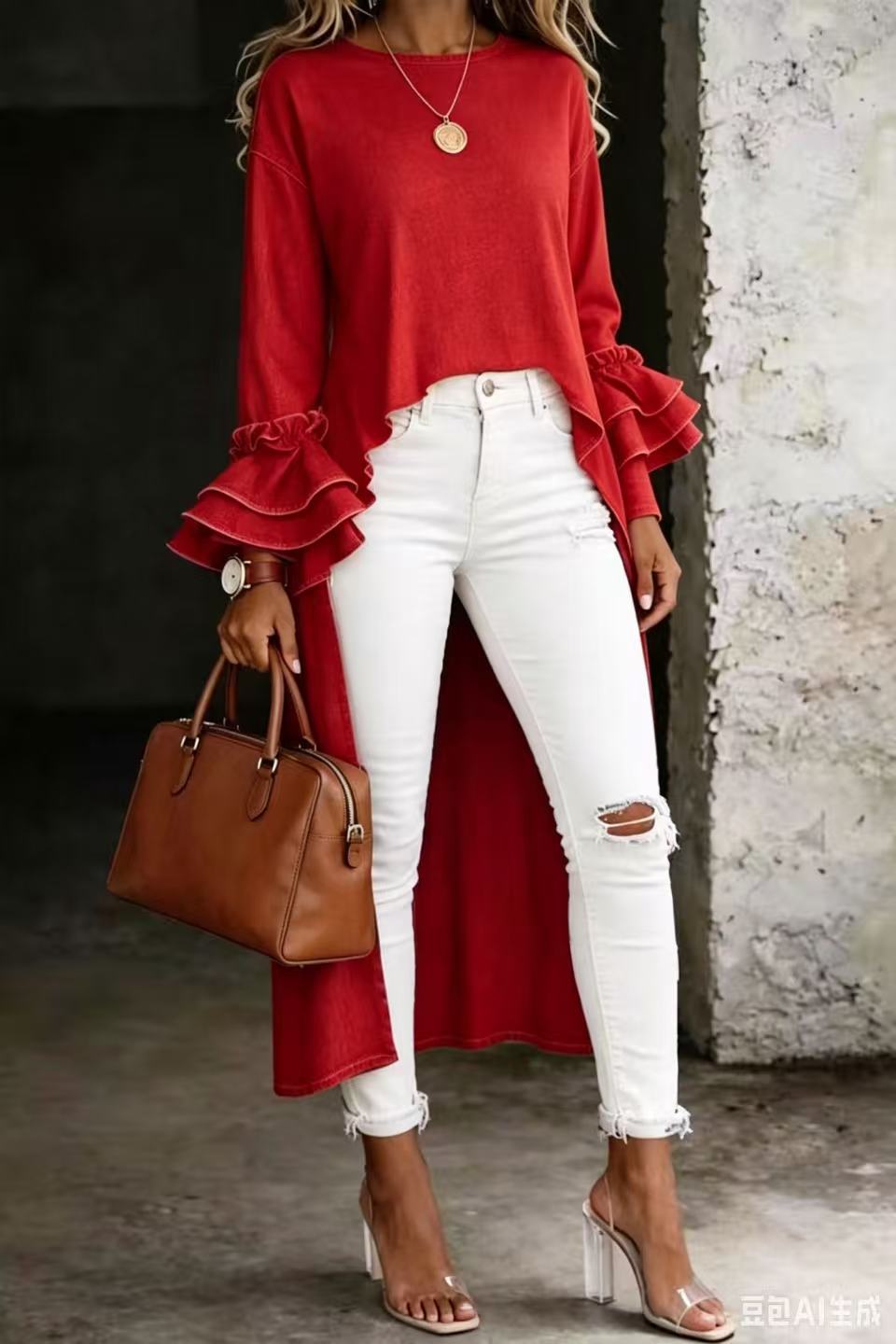 Elegant flared midi skirt set, model wearing lifestyle photo showing complete outfit