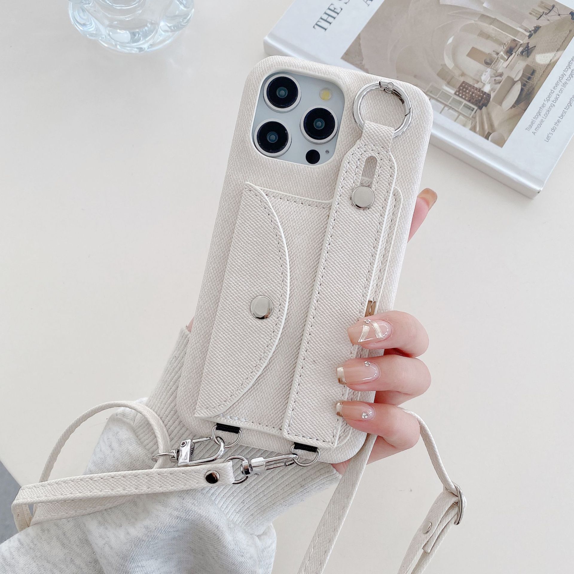 Leather Phone Case Iphone15 Denim Pattern Wrist Strap - Image 6