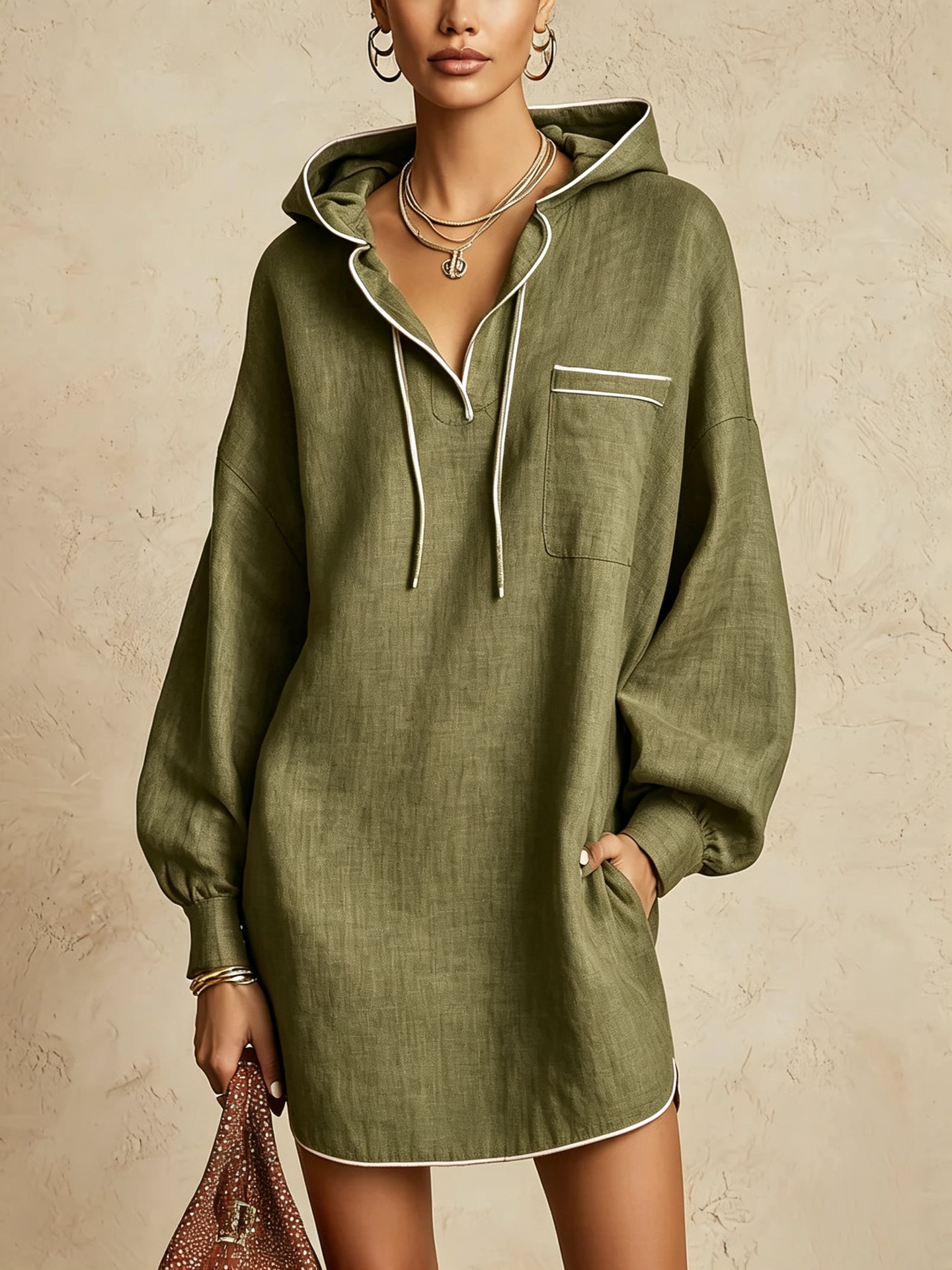 Womens Drawstring Midi Dress | Long-Sleeve Hooded