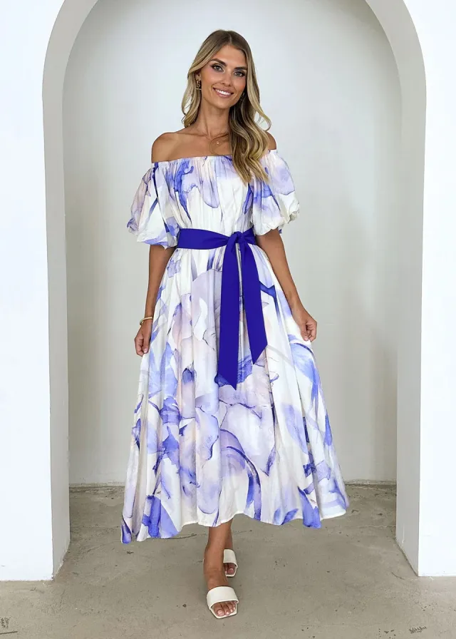 European American Summer New Temperament Shoulder Waist Puff Sleeve Printed Large Swing Dress Blue - Shop at LoveMi