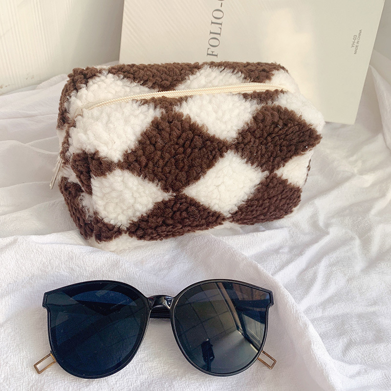 Niche Design Plaid Plush Pencil Case Large-Capacity Storage Bag