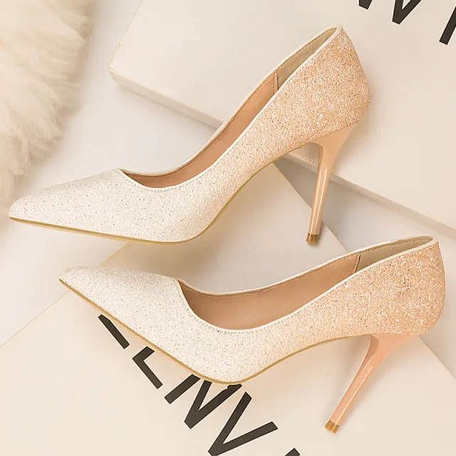 Women's Low cut Pointed Toe Gradient Sequin High Heels Apricot - Shop at LoveMi