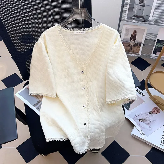 Plus Size Women's Top T shirt With Short Sleeves Cardigan Beige - Shop at LoveMi