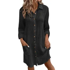 Linen Button-down Mid-length Long-sleeve Shirt Casual Dress - Black - View 1
