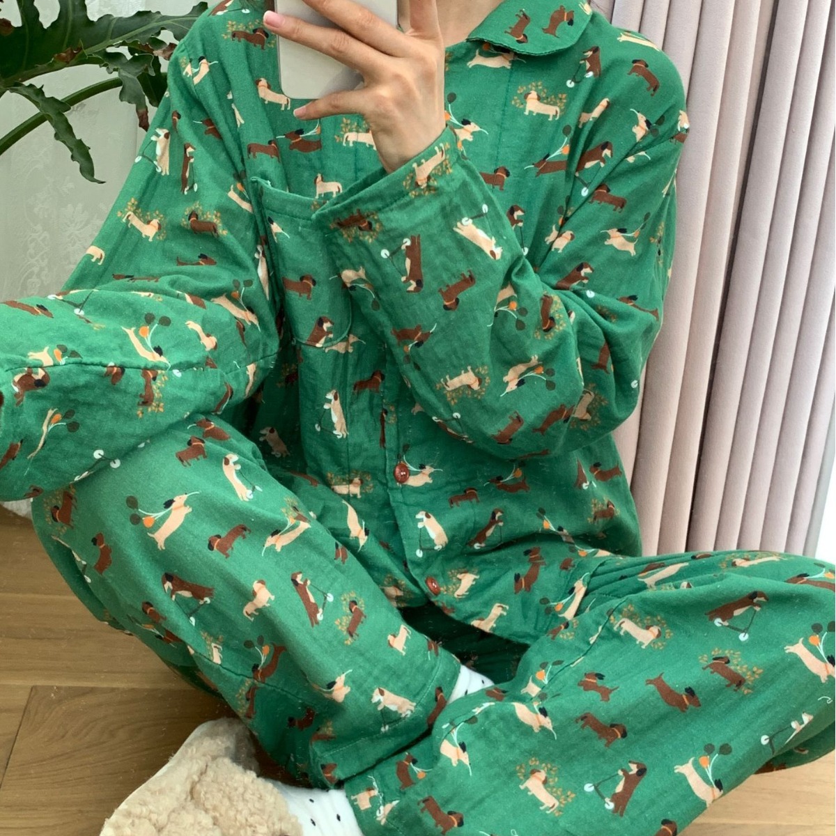 Puppy-print Lapel Cardigan Pajamashomewear Made From High-density Double-layer Cotton