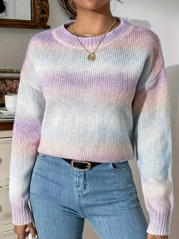 Stitching Contrast Color Knitted Sweater Fashion Pullover Round Neck Gradient Rainbow Striped Top Light Purple - Shop at LoveMi