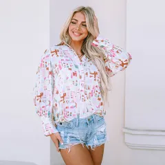 Colour Stitching Turnover Neck Shirt Loose Abstract Printing - Colour-M - View 1