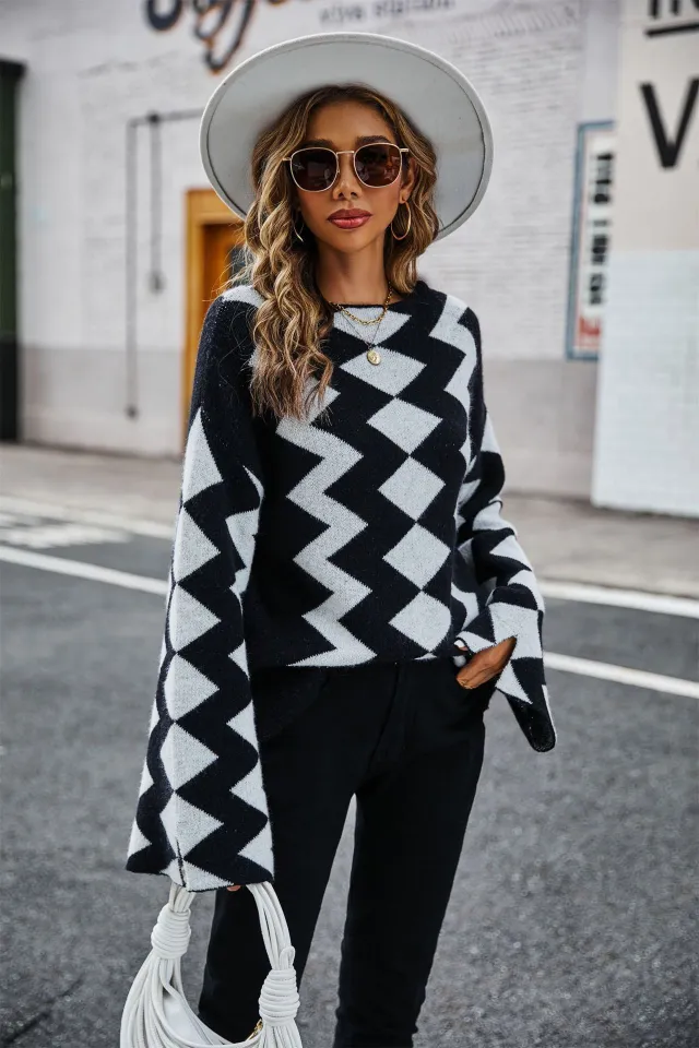 Women's Rhombus Plaid Stitching Sweater Black - Shop at LoveMi