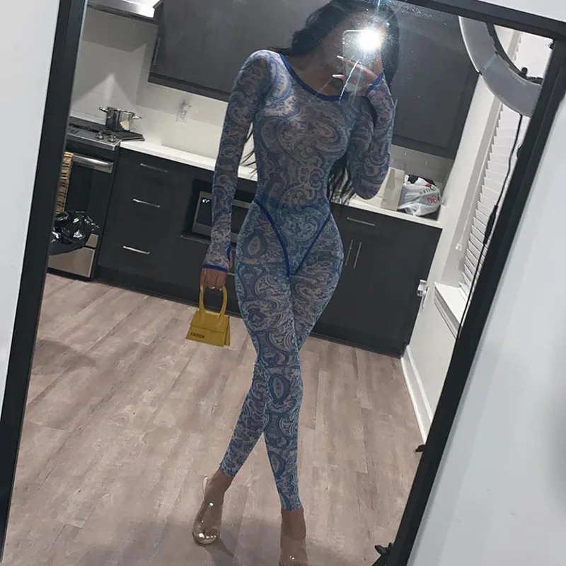 Title 7, Sexy mesh perspective printed jumpsuit suit