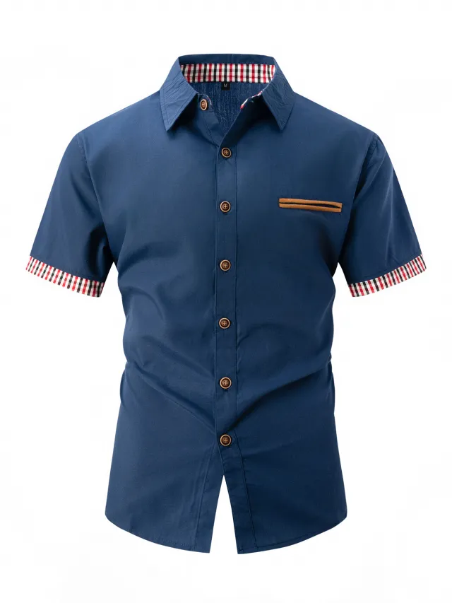 Summer Fashion Men's Plaid Colorblock Short Sleeve Dark Blue - Shop at LoveMi