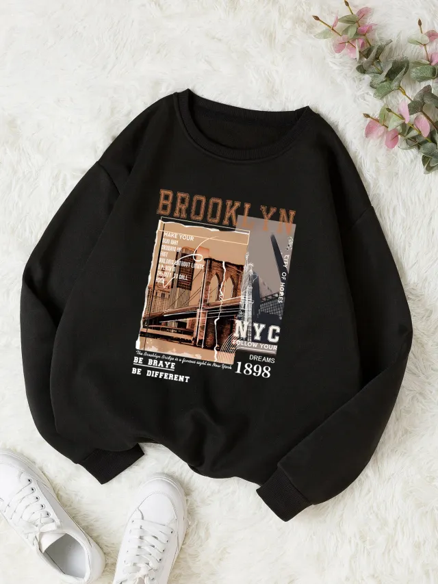Women's Print Thermal Lined Crew Neck Loose Pullover Long Sl Black - Shop at LoveMi