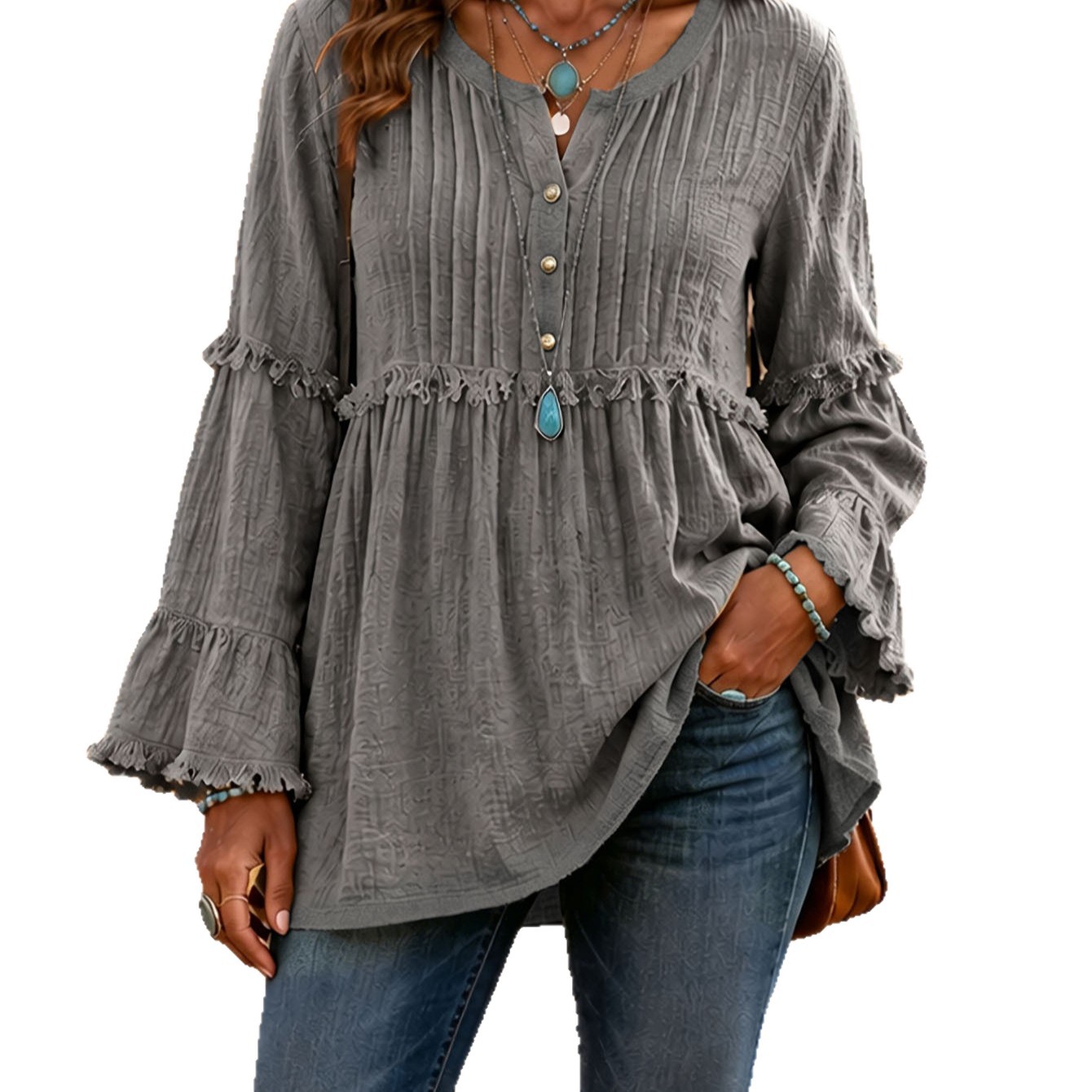 Lace-trimmed Loose-fit Shirt With Tassel Patchwork Top — foto 7