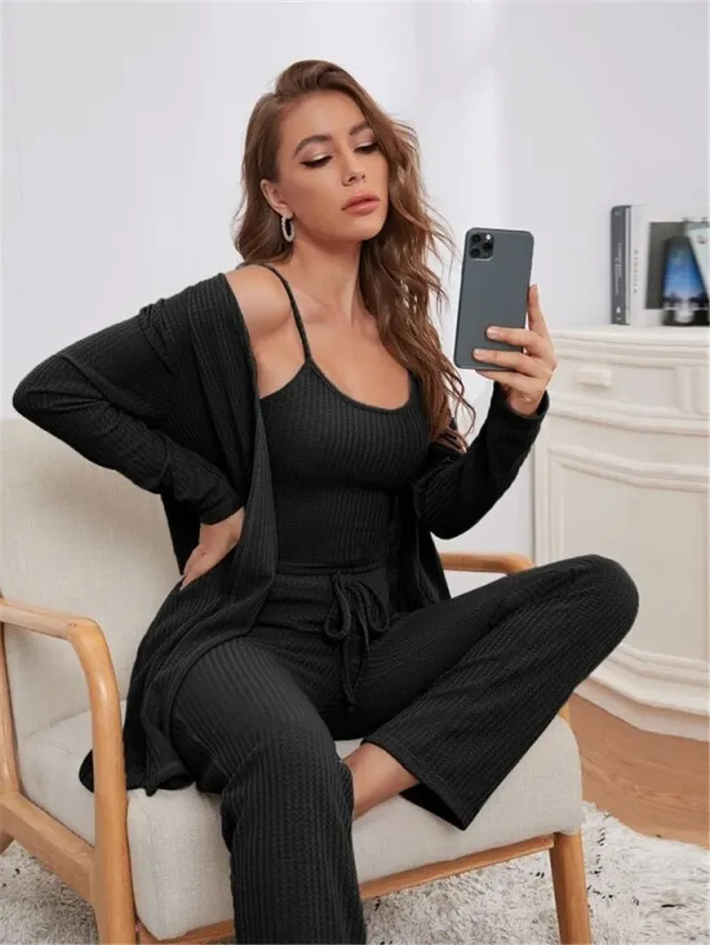 Home Wear Waffle Knitted Suspenders Top And Trousers Robe Pajamas Three piece Suit Black - Shop at LoveMi