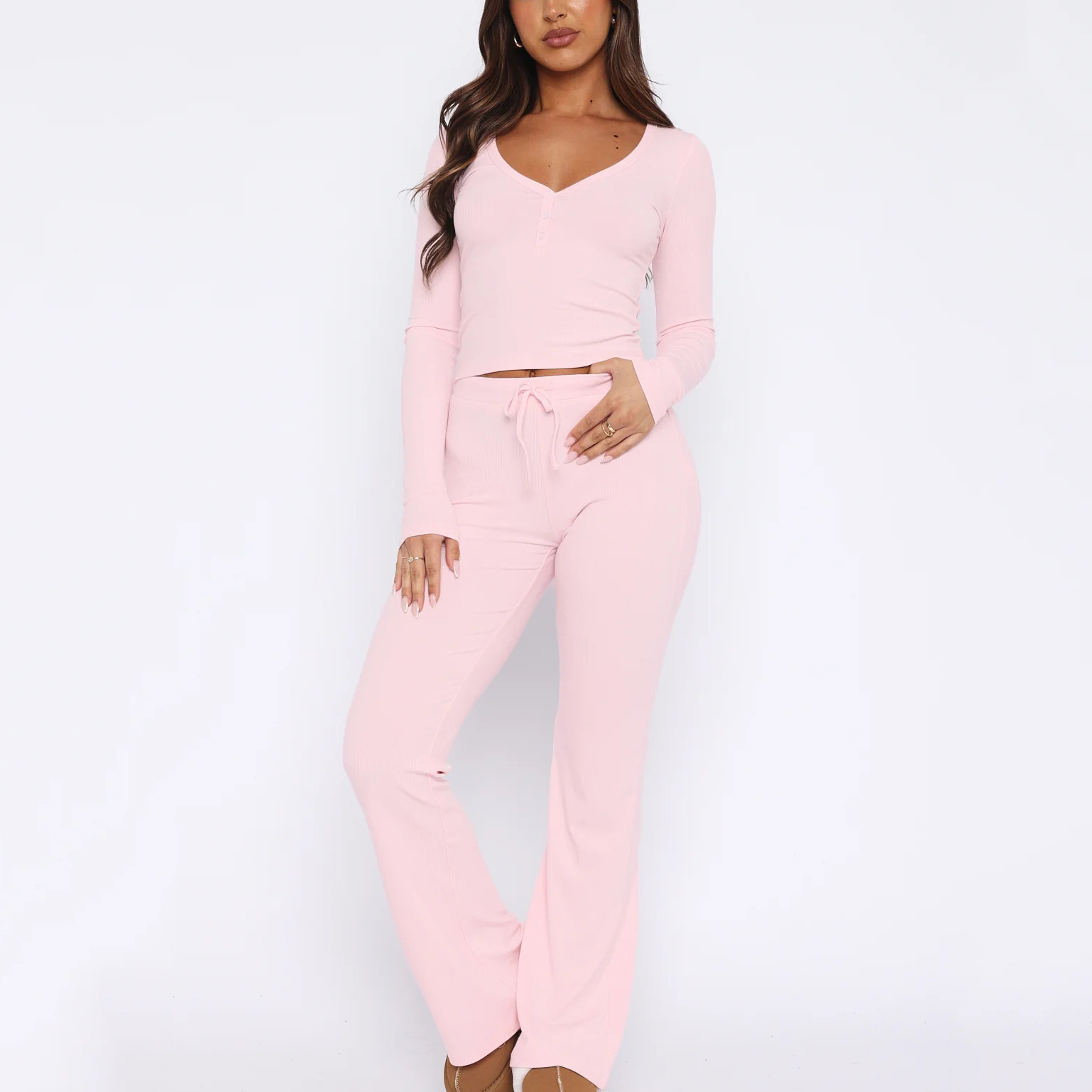 Women's Solid Color Rest Long Sleeve With Button Top And Trousers