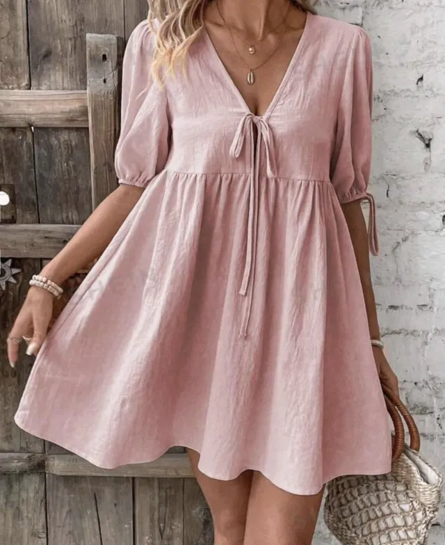 Deep V neck Design Chest Lace up A Line Dress Pink - Shop at LoveMi