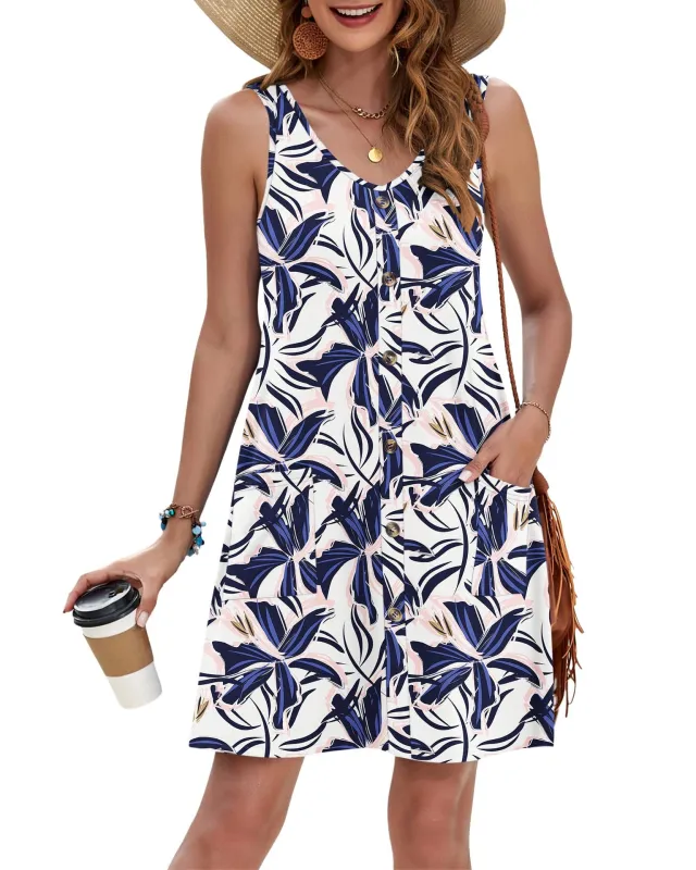 Beach Print Button Pocket Casual Sleeveless Women's Dress White And Blue Pattern - Shop at LoveMi