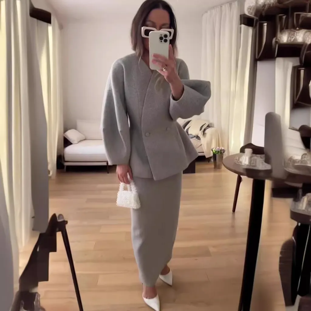 European And American Wear Slim Top And Skirt Elegant Suit - Gray
